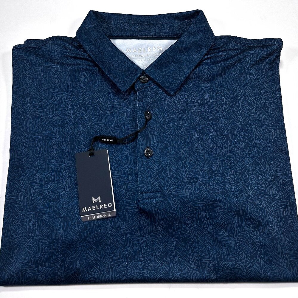 MAELREG Performance Polo Men's Blue All Over Leaf Leaves Print Short Sleeve NEW